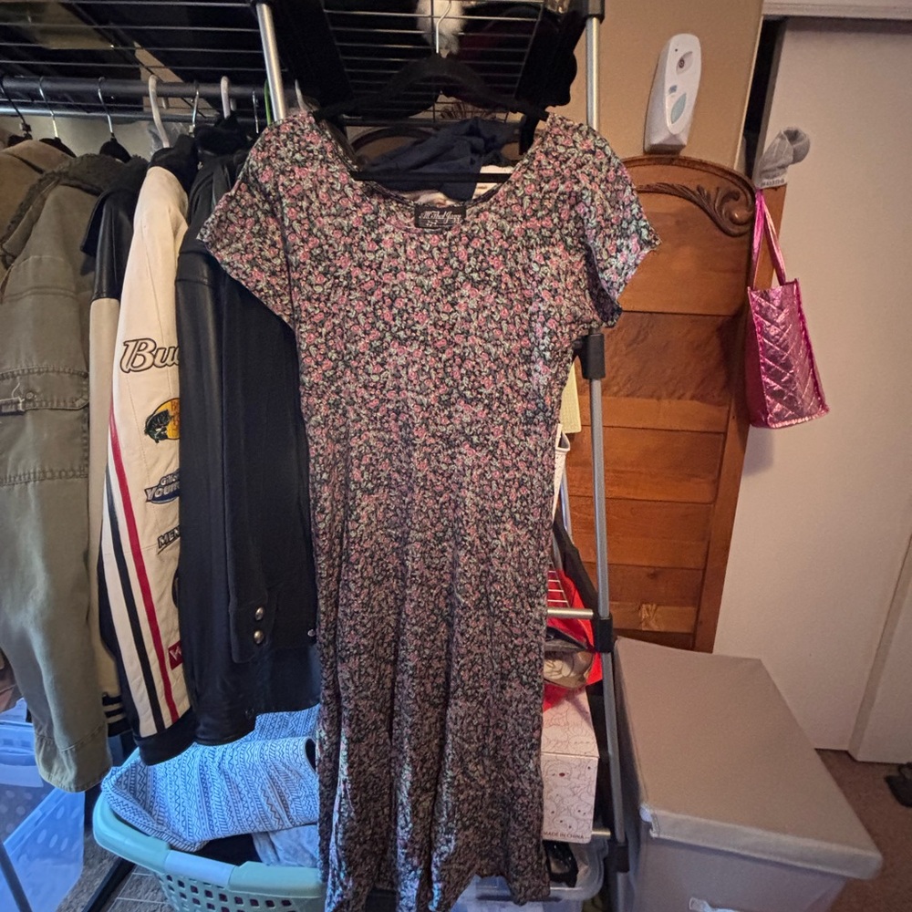 Pink and Red Midi Sundress with Short Dolman Sleeves and Scoop Neck